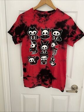 Skelanimals Red & Black Tie-Dye Graphic Tee - Cute Character Print Unisex size S